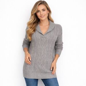 Eddie Bauer Classic Gray Cable Knit Shawl Collar Warm Cozy Tunic Sweater Size M